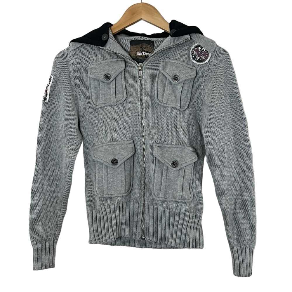 Epic Threads | Gray full zip hooded knit sweater jacket girl’s size medi…